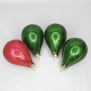 Vintage Glass Ornaments Green Red Textured Frost Balloon Shape Gold Piping